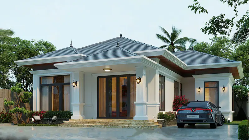 Nhà vườn mái chéo với hiên cột vuông