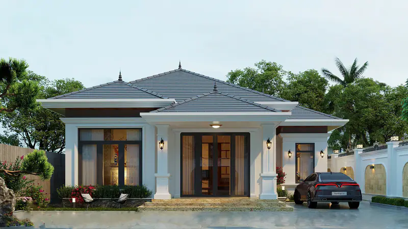 Mặt tiền nhà vườn chính diện với sân ô tô