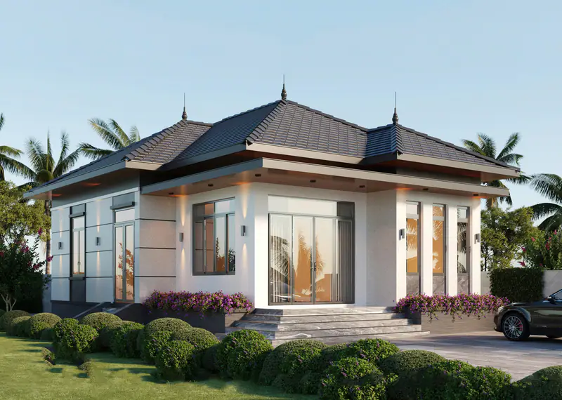 Nhà vườn mái xám giữa sân vườn