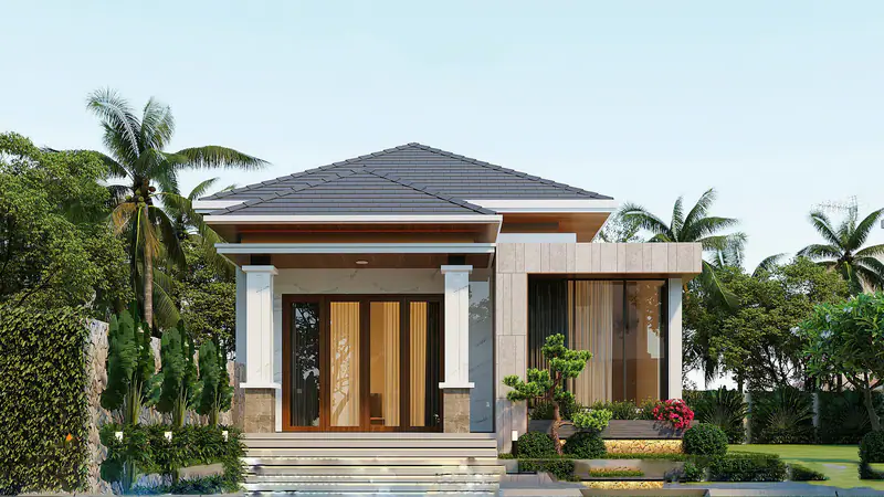 Nhà vườn với cửa gỗ lớn