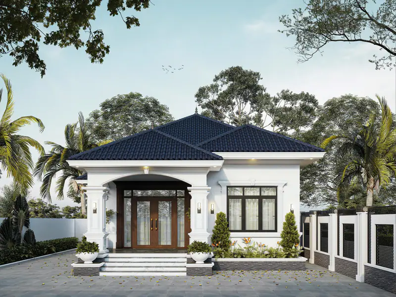 Nhà vườn mái thái trắng với cửa vòm gỗ