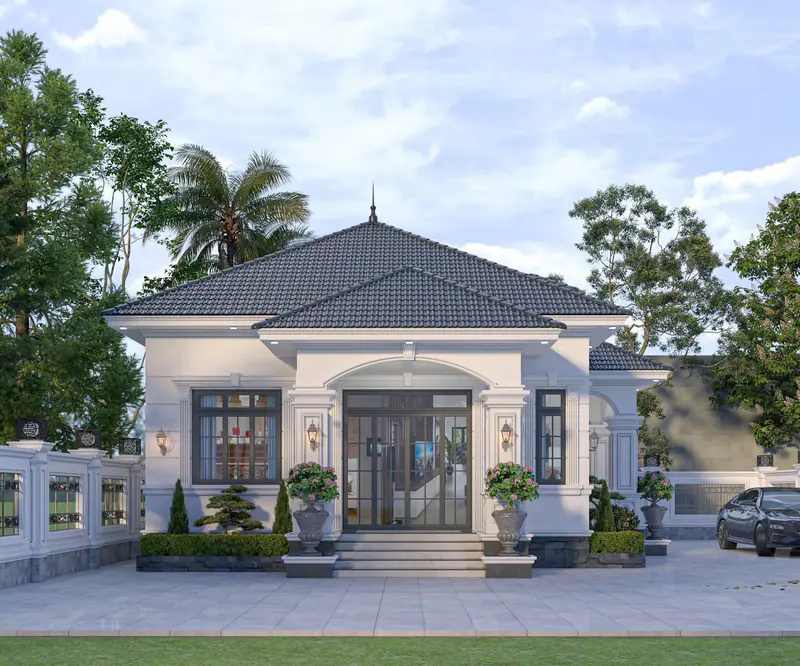 Nhà vườn tân cổ điển cổng vòm và sân lát gạch