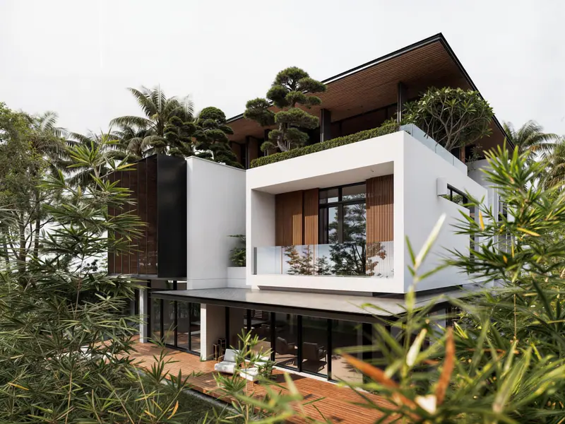 Villa trắng với mái gỗ giữa vườn cây – Villa Mái Gỗ