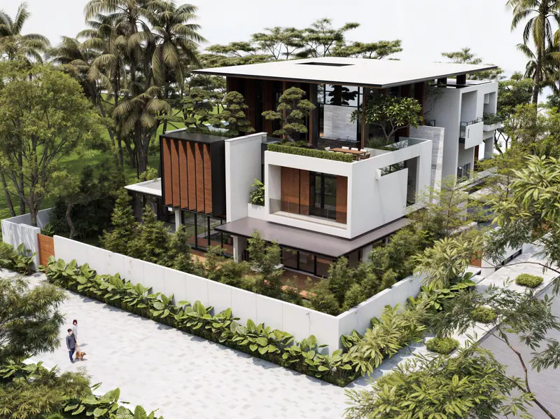 Phối cảnh trên cao giữa vườn nhiệt đới