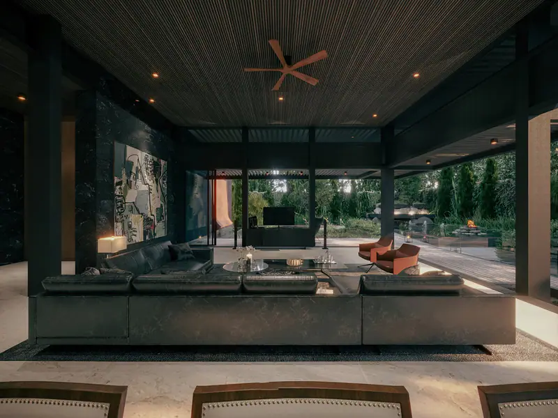 Phòng khách sofa da tối mở trọn ra vườn