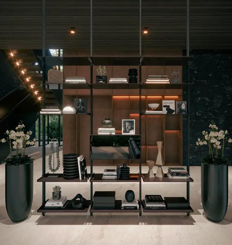 Kệ sách trang trí với bình hoa lan hai bên