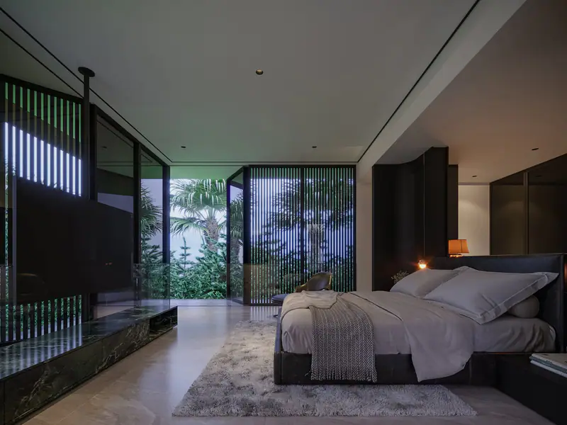 Giường ngủ hướng ra góc kính nhìn cây xanh