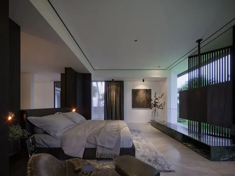 Phòng ngủ có vách lam gỗ ngăn với khu thay đồ