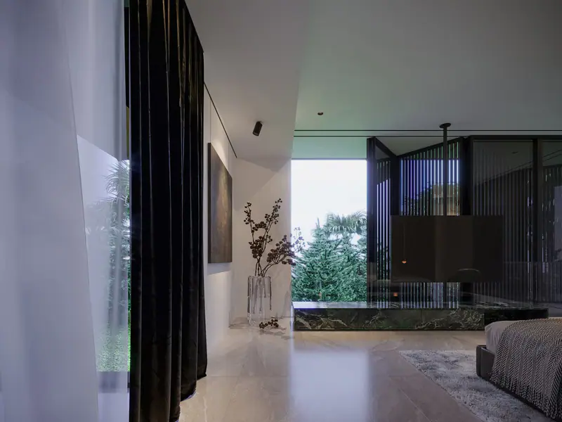 Bồn tắm đá đặt sát vách kính nhìn ra vườn