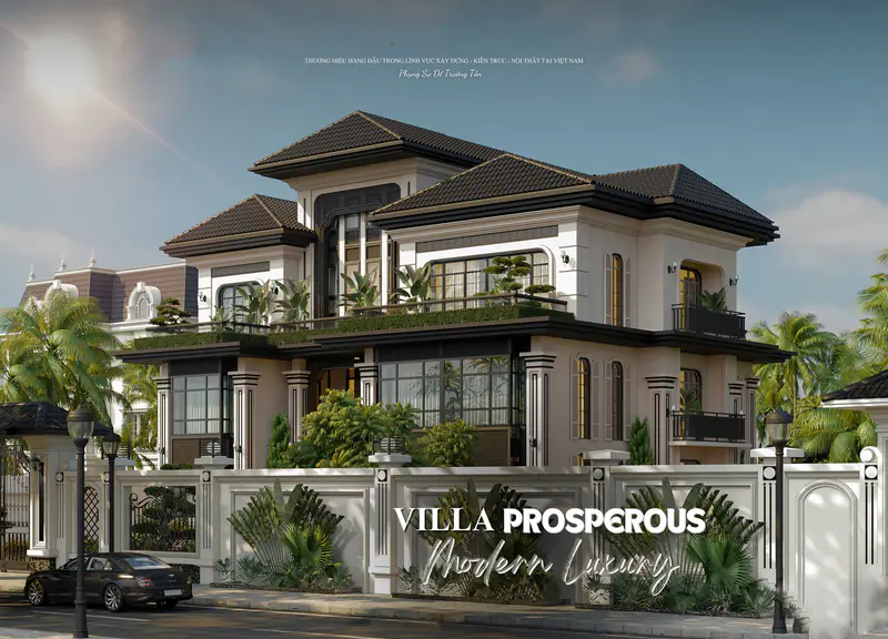 Villa Prosperous với cổng tên và hàng cọ phía trước