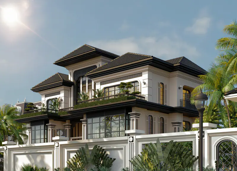 Góc nhìn villa từ phố với ban công phủ cây
