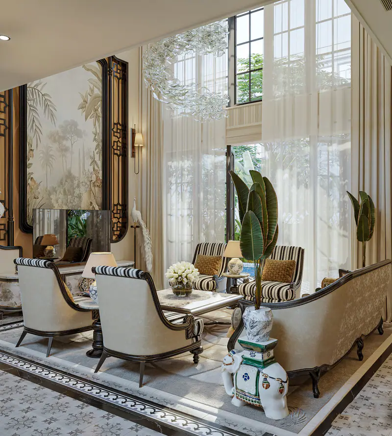 Phòng khách sofa sọc trắng đen và bình sứ