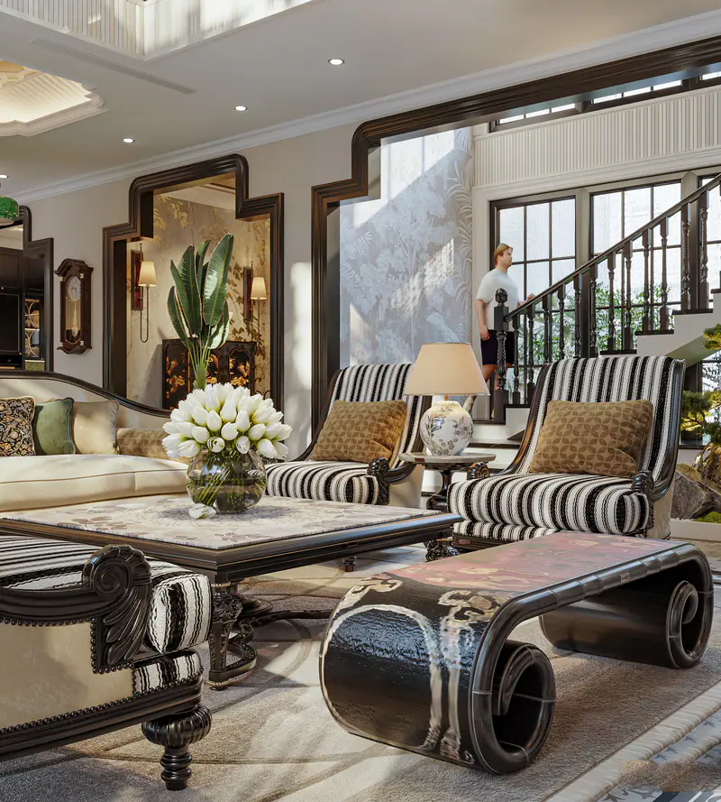 Bàn trà gỗ cong và sofa sọc kẻ
