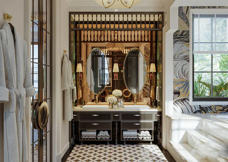 Lavabo gỗ và gương oval trong phòng tắm