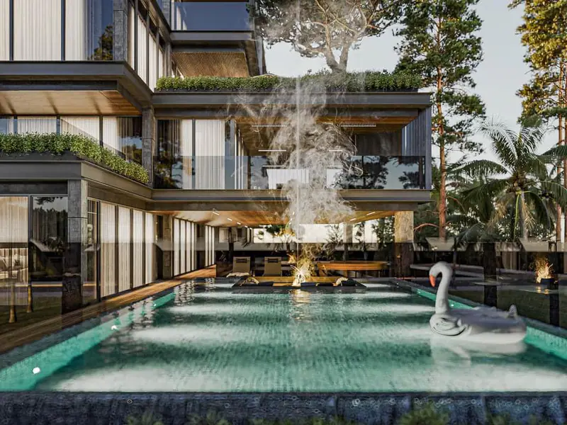 Hồ bơi với đài lửa
