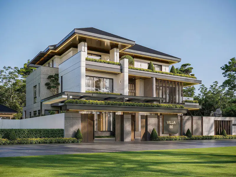 Mặt tiền villa giữa sân cỏ – Villa Vườn Tùng